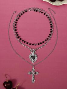 Glisma 3 件哥特式深色玻璃水晶十字架、心形吊坠项链、个性化嘻哈多层项链，适合女士、节日礼物、万圣节 - 銀色 - 查看 1