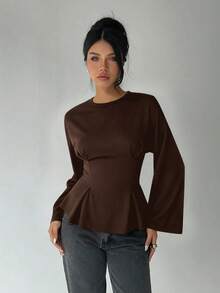 Aloruh Camiseta feminina casual de gola redonda com cintura franzida, camiseta de cor sólida para uso diário, para ir ao trabalho ou ficar em casa, camiseta de manga comprida em malha floral. - Castanho Café - Ver 3