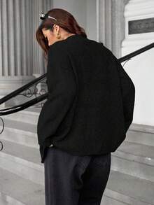 Easura Áo khoác cardigan dệt kim dày dặn cỡ lớn dành cho nữ, có túi lớn, cổ đứng, kiểu dáng thường ngày, màu trơn, đa năng. - màu đen - Xem 2