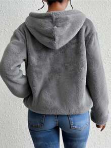 Sudadera de invierno para mujer, de color liso, de doble cara, de forro polar coral con cremallera y capucha, holgada, talla grande, cálida y cómoda. - Gris - Ver 5