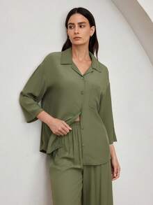 Ocili Women Soft Viscose & Cotton Blend Collared Mid-Sleeve 3/4 Pants Pajama Set With Shell Buttons, Comfortable Homewear, Chic Autumn - Green - View 1