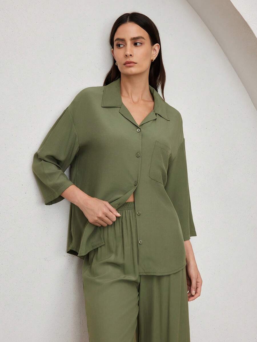 Ocili Women Soft Viscose & Cotton Blend Collared Mid-Sleeve 3/4 Pants Pajama Set With Shell Buttons, Comfortable Homewear, Chic Autumn - Green - View 1