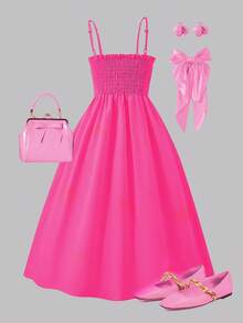 Teen Girl Elegant Lovely Bow Sleeveless Camisole Mini Dress, Pink Waisted Dress, Suitable For Summer And Spring Wear, Suitable For Outings, Parties And Vacations Pink Clothes Pink Bow Dress Dress With Bows Bow Dress Pink Set - Hot Pink - View 2