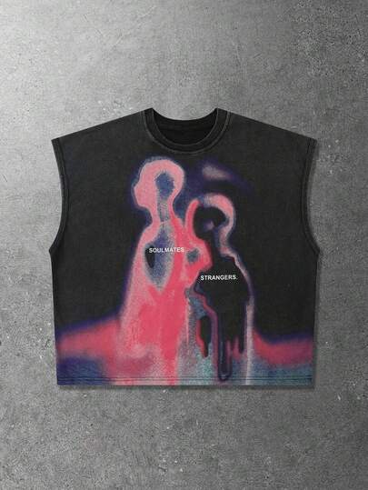 Grunge Punk Men's Distressed Print Crop Fit Tank Top