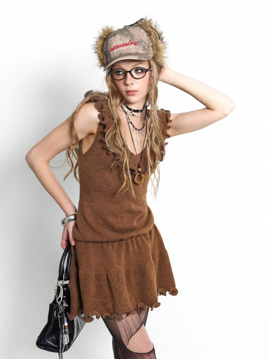 Avenne Sleeveless Ruffle Hem Midi Dress For Women - Brown - View 1