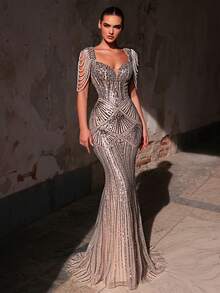 Glamrae Đầm đuôi cá tay phồng sang trọng, đính cườm và sequin, thích hợp cho đám cưới, tiệc tùng, kỳ nghỉ, dạ hội và các dịp trang trọng (đính kết rất cầu kỳ). - Rượu sâm banh - Xem 1