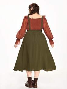 ROMWE Fairycore Spring/Summer Plus Size Sleeveless Square Neck Cute Rabbit Embroidery Waist Pocket Dress - Army Green - View 4