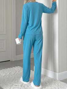 EURMUSE Set de pijama de 2 piezas con camisa de manga larga con estampado de corazón y detalles a cuadros + pantalones, 100% algodón - Azul - Ver 2
