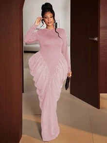 Maweii 大码女士优雅拼接格纹印花长袖修身A字连衣裙，春秋季 - 淺粉色 - 查看 5