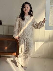 DAZY Tween Girl Plush Textured Thick Loose Fit Loungewear Set, Winter - Apricot - View 4