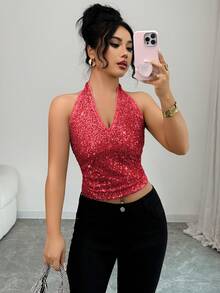 Elenzga Atasan Camisole Tanpa Lengan Leher V Berhiaskan Payet Merah Muda Cerah untuk Wanita, Gaun Pesta Rave Malam Klub Techno Musim Panas, Pinggang Berkerut dengan Cincin Logam yang Elegan - Merah - View 4
