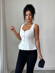 Elenzga Women's Sweetheart Neck Front Button Down Sleeveless Blouse Shirt With Waist Cinching, Elegant French Retro Style For Commute, Business, Vacation, Casual, Versatile, Spring/Summer New Arrival - White - View 7