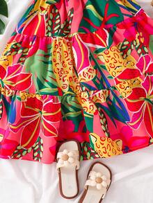 SHEIN Young Girl Cake Flower Pattern Dress With Belt And Ruffle Sleeves - Red - View 5