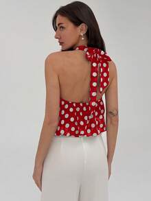 Aloruh Débardeur à col ras-du-cou moderne avec décoration métallique et motif à pois simple, pour femmes - Rouge - Voir 2