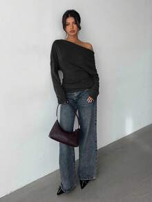 Aloruh Women's Pleated Dark Grey Knit Casual Oblique Shoulder Long Sleeve Top - Dark Grey - View 3