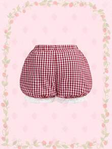 Strawberry Shortcake | ROMWE Spring / Summer Plus Size Women's Summer Casual Countryside Vacation Style Cute Cartoon Figure Graphic Plaid Print Contrast Schiffy Ruffle Hem Bubble Shorts - Red - View 4