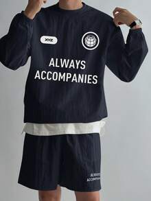 DAZY Men's Navy Blue Letter Print Crew Neck Pullover Pullover Sweatshirt Set With Drawstring Design, Spring/Summer - Blue - View 1