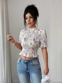 Elenzga 女士夏季新款纹理碎花度假风休闲荷叶边泡泡袖衬衫 - 彩色 - 查看 4