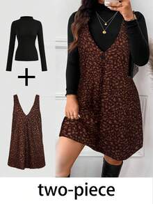 SHEIN Frenchy Bộ 2 món dành cho nữ cỡ lớn, kiểu dáng cổ điển, màu trơn, tay dài và váy họa tiết da báo. - Cà phê nâu - Xem 1