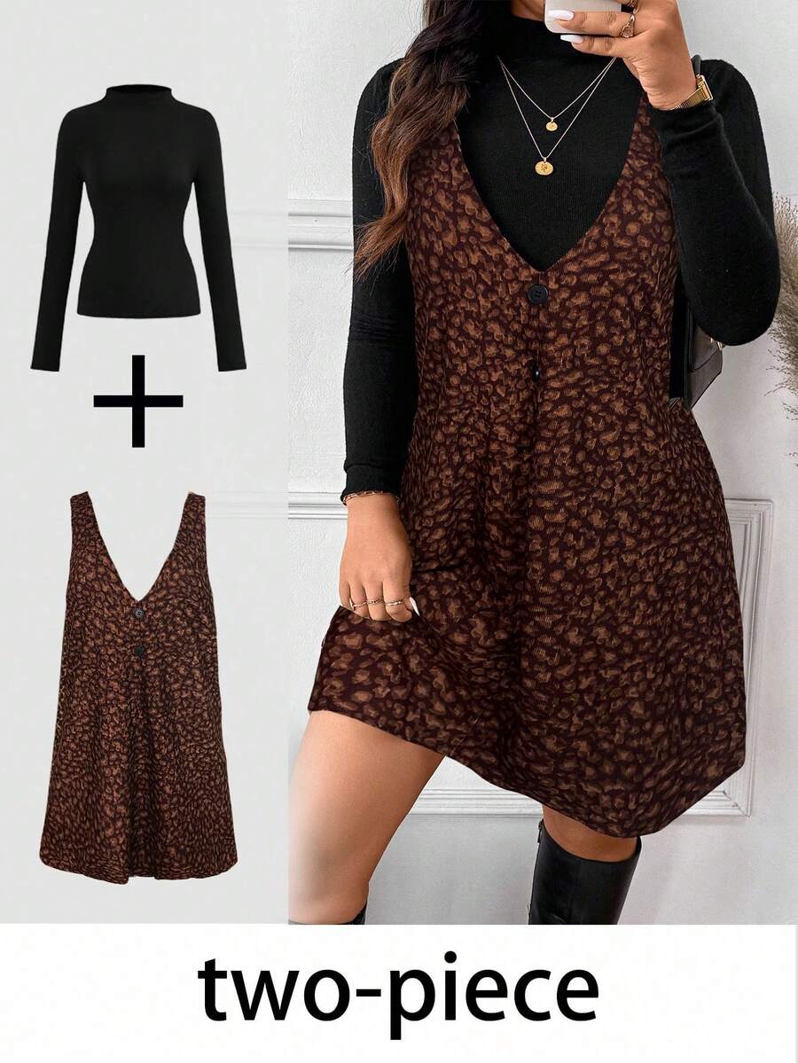 SHEIN Frenchy Bộ 2 món dành cho nữ cỡ lớn, kiểu dáng cổ điển, màu trơn, tay dài và váy họa tiết da báo. - Cà phê nâu - Xem 1