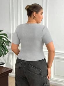 Truni Fall Clothes For Women,WinterPlus Size Solid Color Minimalist Casual Round Neck Short Sleeve T-Shirt - Grey - View 2