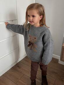 Dazy Kids Áo len dài tay dáng rộng họa tiết gấu hoạt hình cho bé gái, thích hợp mặc mùa thu/đông. - Xám - Xem 5