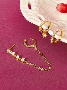 Glisma 3pcs/Set Delicate Cubic Zirconia Chain Ear Studs Clip-On Earrings, Women Formal Party Jewelry (Quantity Fits One Ear) - Yellow Gold - View 3