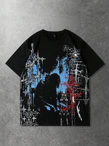 ROMWE MEN Goth 男士休闲街头美式深色印花短袖T恤 - 黑色 - 查看 3