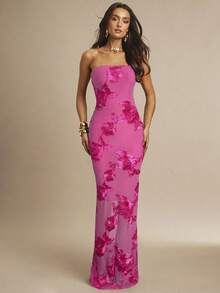 Silquee 3D立体花卉性感紧身吊带连衣裙 - 玫紅色 - 查看 4