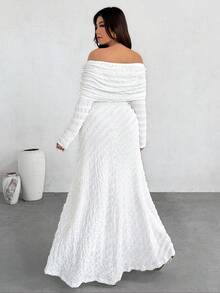 Firerie 大码纯色露肩荷叶边优雅长袖连衣裙 - 白色 - 查看 4