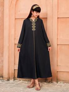 Traditional Arab Abaya Dress, Girls' Minimalist Digital Printed Gold Lace Trim Long Sleeve Black Dress, Suitable For Outings, Gatherings, And Events - Black - View 5