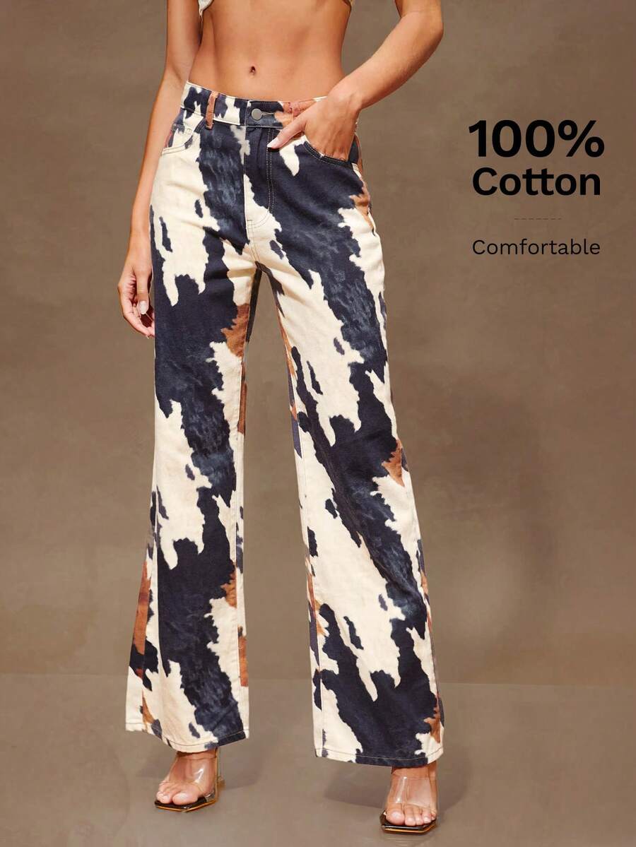 Denimoi 秋季女装，低腰 Y2k 宽松豹纹印花双口袋直筒宽松牛仔裤。女士牛仔裤，女士裤子日常穿着 - 米色 - 查看 1