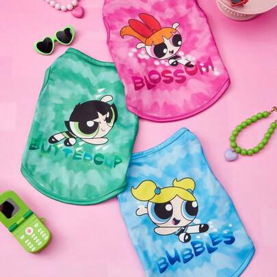 THE POWERPUFF GIRLS X PETSIN 1件可爱大眼睛女孩字母印花宠物背心，亲肤透气宠物服装