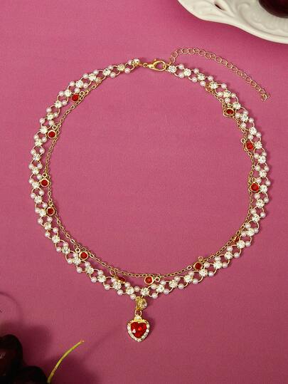 Glisma 1pc Fashion Bohemian-Style Red Heart-Shaped Faux Pearl Double Layer Necklace, Elegant High-End Feel Chain Suitable For Women Daily Wear (Hand-Made Chain Cut To Length, Unspecified Small Pendant Quantity)