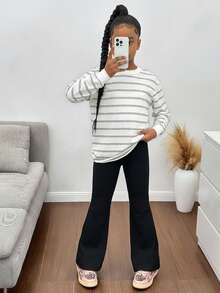 SHEIN Tween Girls' Casual Striped Crew Neck Pullover Sweatshirt - Grey - View 5