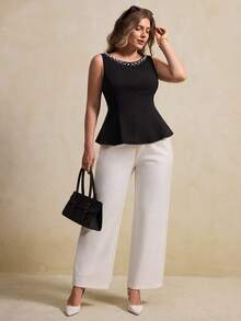 Elegantrix Plus Size Women's Spring/Summer Bubble Bead Decor Waist Ruffle Hem Elegant Blouse - Black - View 7