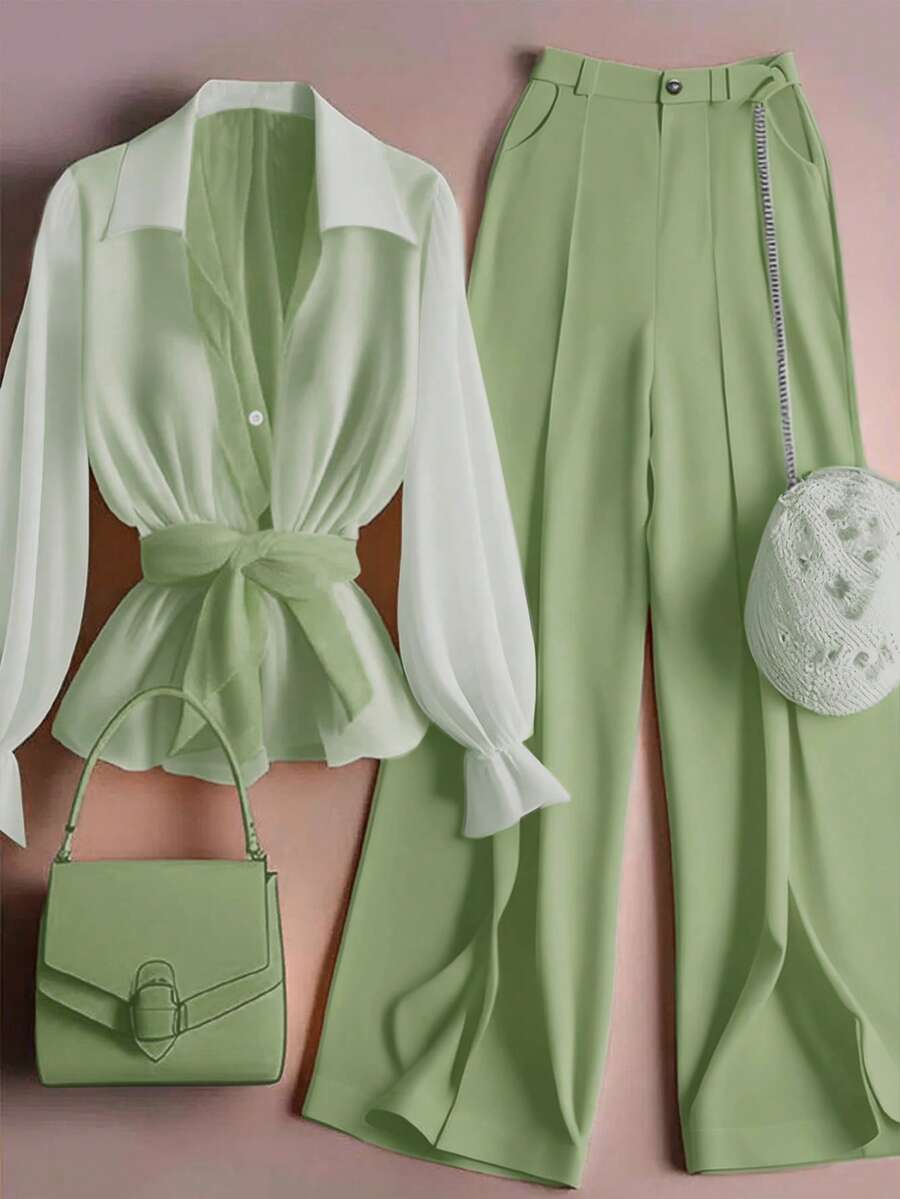 GlowEve 女士多巴胺时尚焕颜别致衬衫和裤子两件套 - 綠色 - 查看 1