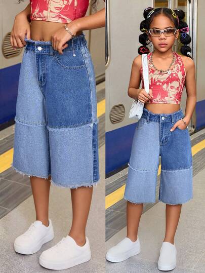 Tween Girls Fashion Casual Y2k Vintage Cool Street Streetwear Comfortable Light-To-Dark Blue Denim Loose Seven-Inch Jeans For Tween Girl Clothes Tween Girls Dailywear And Tween Girl Spring To Summer Rave Outfits Festival And Outfits Streetwear Clothes