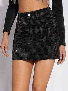 Denimoi Women's Black Rhinestone Dot Flap Pocket Denim Skirt, Mini Skirt, For Going Out, Party, Country Concert, Rave Festival, Clubwear - Black - View 4