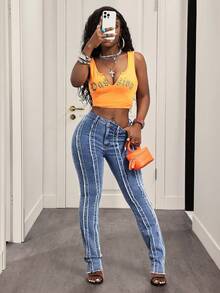 BamGleam Quần jeans ống loe ôm sát, viền tua rua thời trang - Rửa nhẹ - Xem 2