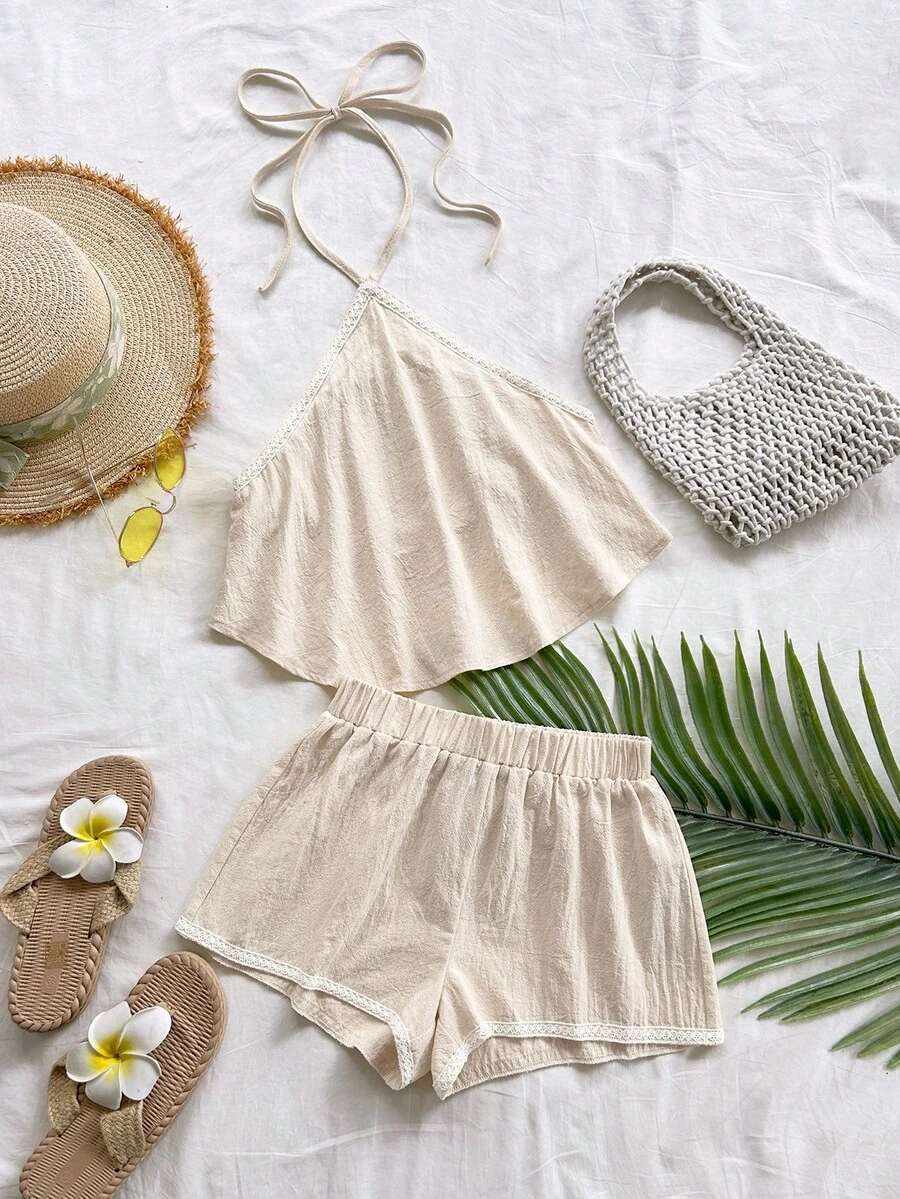 Soleia 女士吊带露背吊带时尚弧形下摆背心短裤两件套,夏季 - 卡其色 - 查看 1