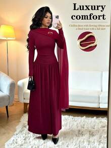 Rafferiza Damen gestricktes, eng anliegendes Kleid mit elastischem Bund und A-Linie in Weinrot und Lila, Chiffon-Schleifendesign, Metalldesign, Herbst- und Winterbekleidung, Outdoor Outfit, modisch und elegant, geeignet für den täglichen Gebrauch, Hochzeiten, Bankette, tägliche Fahrten, Abschlussfeiern, Festivalveranstaltungen, Urlaub - Bordeaux - Übersicht 3