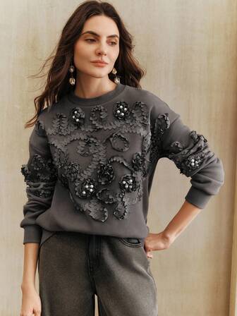 Anewsta Sudadera de cuello redondo para mujer con decoración de perlas bordadas en 3D, unicolor versátil, adecuada para otoño/invierno, Año Nuevo, Acción de Gracias