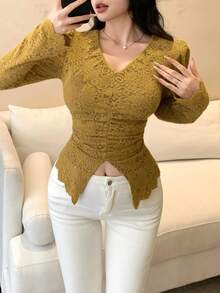 DAZY V-Ausschnitt Jacquard Design geraffter Taille Schlitz Bluse, französischer Chic Stil, figurschmeichelnde Langarm Ausgeh-Top für Frauen - Gelb - Übersicht 8