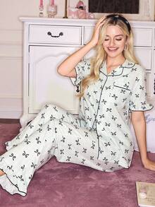 SweetSlumber 2 piezas Conjunto de pijama de manga larga con lazo y estampado de cuadros para niñas - Multicolor - Ver 1