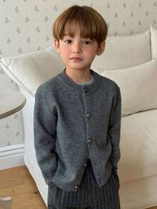 DAZY Young Boy Round Neck Button Front Casual Long Sleeve Sweater - Dark Grey - View 3