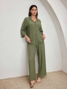 Ocili Women Soft Viscose & Cotton Blend Collared Mid-Sleeve 3/4 Pants Pajama Set With Shell Buttons, Comfortable Homewear, Chic Autumn - Green - View 6