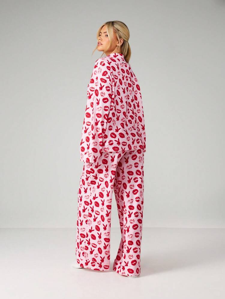 Missguided x Playboy Lip Print Bunny Pajama Set Button Front Shirt Long Sleeve Trouser Sleepwear Loungewear Nightwear Valentine Holiday