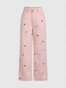 ROMWE Kawaii Women's Casual Strawberry & Bow Print Denim Jeans - Pink - View 1