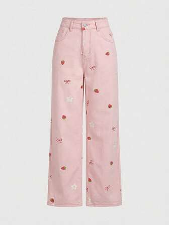 Kawaii Jeans en denim imprimé fraise et nœud pour femmes, style casual